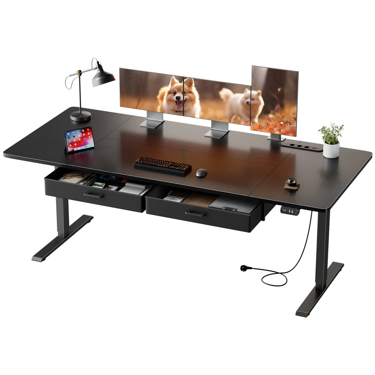 120/140/160/180cm Electric Height Adjustable Desk, Heavy-Duty Large Sit-Stand Table, Gaming Desk with Power Outlet & Drawer