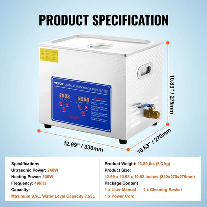 Sihao ultraljudstvätt 40 kHz med värme och digital timer – 1,3–30 liter