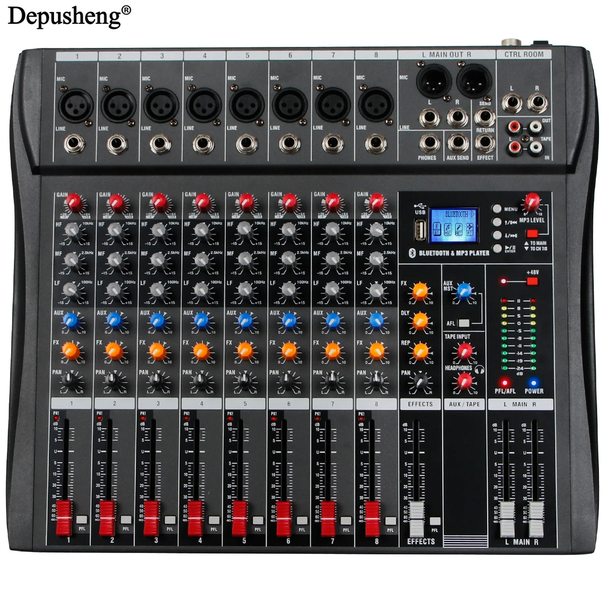 Depusheng DX-seriens ljudmixer med Bluetooth, USB och 3-bands EQ