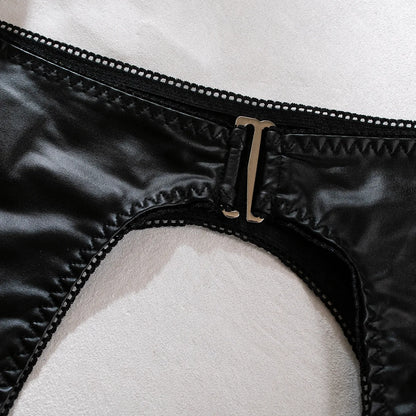 Sexigt Läder Lingerieset Tredelat – Hollow Out, Justerbara Band, BH & Trosa, S–L