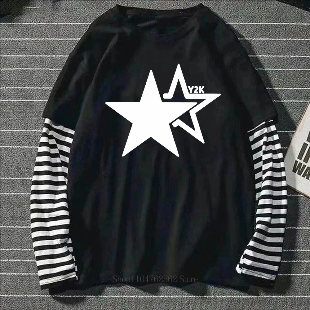 Women Star Y2K Print Graphic Fake Two Long Sleeved T-shirts Fashion Gothic Retro Casual Loose Fake Two Long Sleeved T Shirt