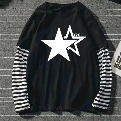 Women Star Y2K Print Graphic Fake Two Long Sleeved T-shirts Fashion Gothic Retro Casual Loose Fake Two Long Sleeved T Shirt