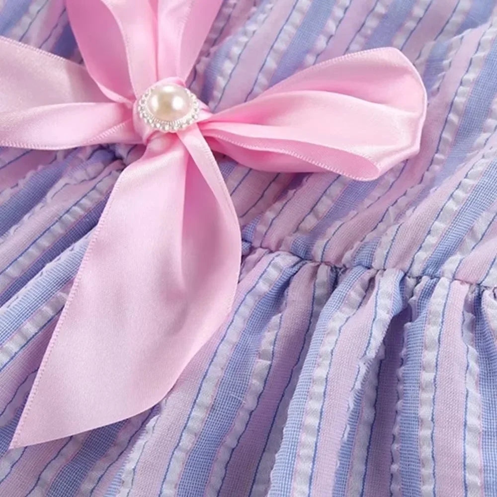 Kawaii Vertical Striped Summer Pet Clothes Soft with Bow Pet Dog Skirt Elastic Thin Dog Princess Dress