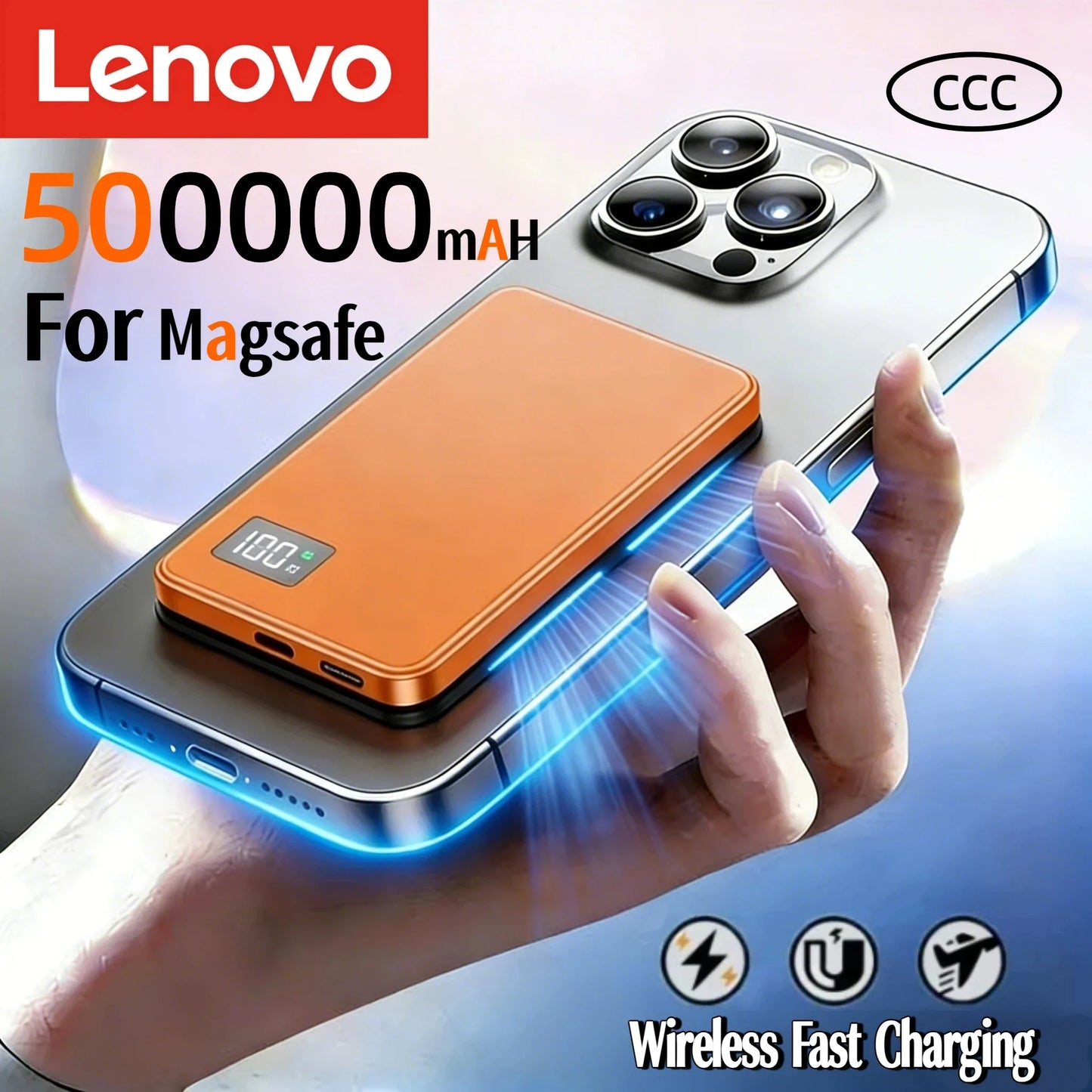 Lenovo Ultra-thin 500000mAh Mobile Power Bank For iPhone Xiaomi For MagSafe Magnetic Wireless Fast Charge Portable LED Display