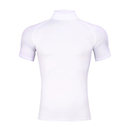 Mens Bodybuilding Sports Tight T-shirt Summer Compression Turtleneck Short Sleeve Gym Fitness Running Quick Dry Male Workout Top