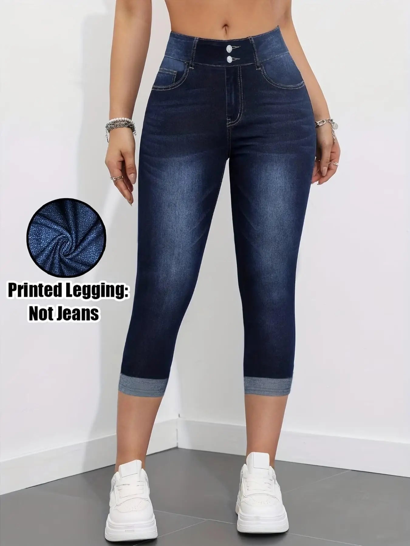 Non-Denim Women's Imitation Denim Printed Capri Leggings, Soft Breathable Slim Fit 7/8 Pants, Casual Sports Yoga Beach Vacation
