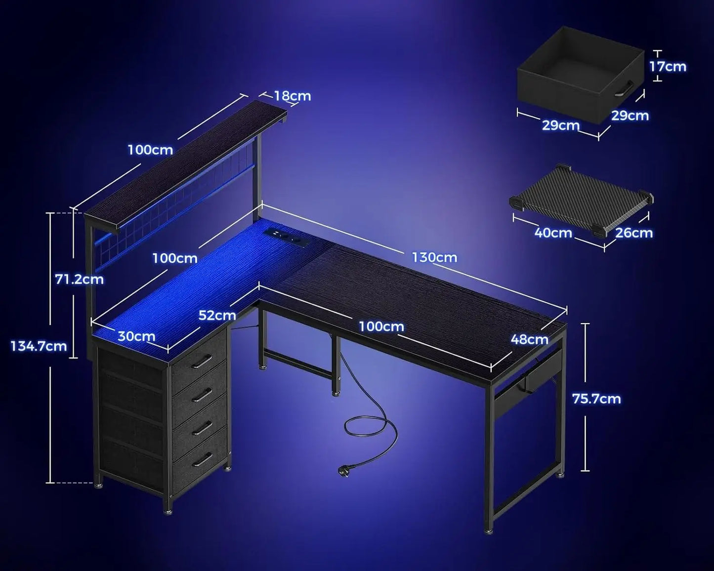 Coleshome L-Shaped Gaming Desk with 4 Drawers, 130X100Cm Gamer Desk with Led and Plugs, Corner Desk Gaming Table with Shelf for Home Office Games, Black