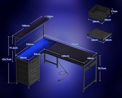 Coleshome L-Shaped Gaming Desk with 4 Drawers, 130X100Cm Gamer Desk with Led and Plugs, Corner Desk Gaming Table with Shelf for Home Office Games, Black