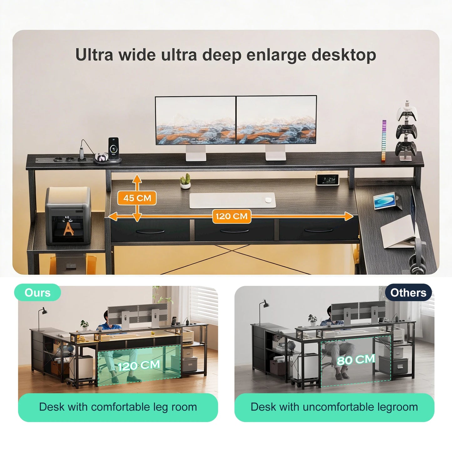 L Shaped Computer Desk with RGB LED Lights Reversible Gaming Desk Power Outlet Monitor Stand Drawers Storage