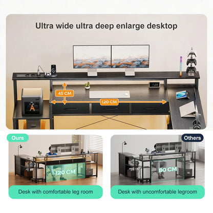 L Shaped Computer Desk with RGB LED Lights Reversible Gaming Desk Power Outlet Monitor Stand Drawers Storage