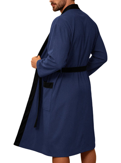Men's Twill Fabric Long Bathrobe with Belt Design, Double Pockets, Casual Home Pajamas, Loose Fit, Hotel Resort Style, Nightwear