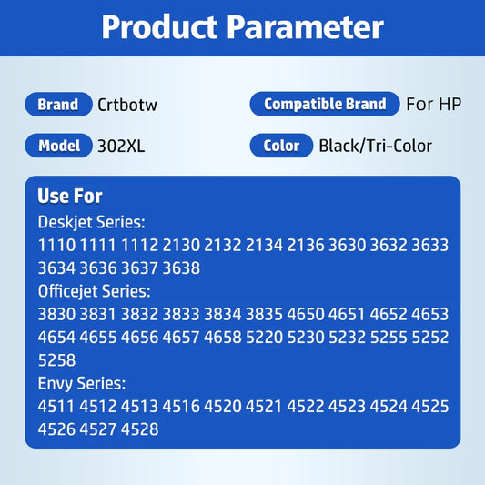 CRTBOTW 302XL Bleckpatron Ersättning för HP 302XL 302 Deskjet 1110 2130 1112 3630 Officejet 3830 3831 3833 Skrivare Kompatibel