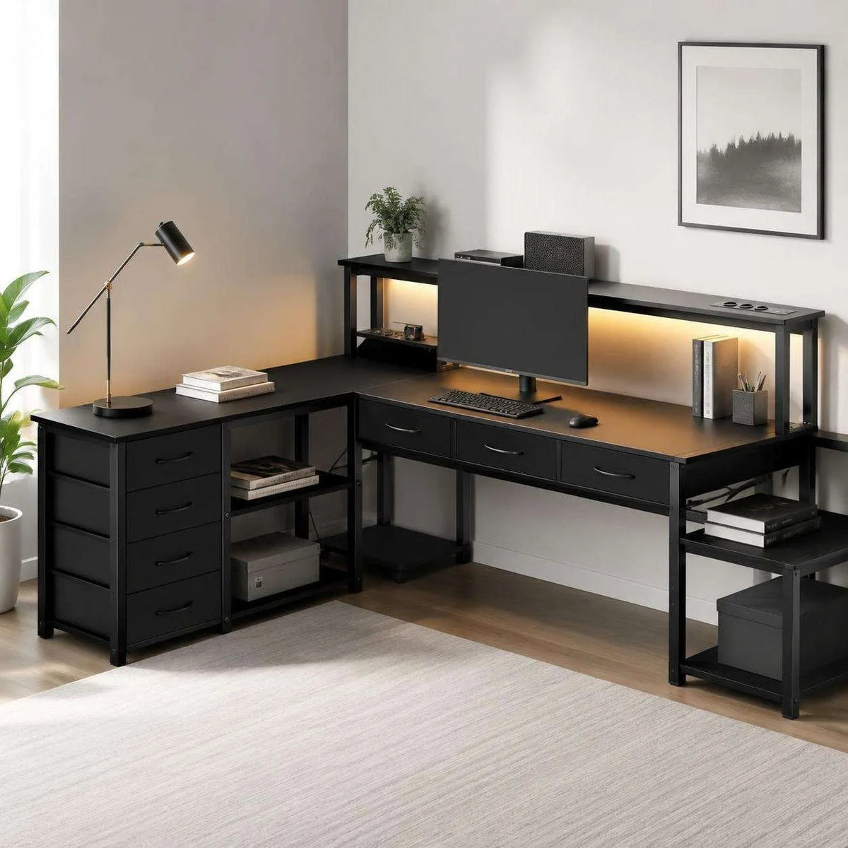 L-Shaped Desk with Led Lighting, Built-In Power Outlet-Usb Port, Monitor Shelf, Many Drawers, Black-White Selectable, Reversible Gaming Home Desk