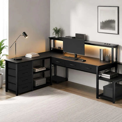 L-Shaped Desk with Led Lighting, Built-In Power Outlet-Usb Port, Monitor Shelf, Many Drawers, Black-White Selectable, Reversible Gaming Home Desk