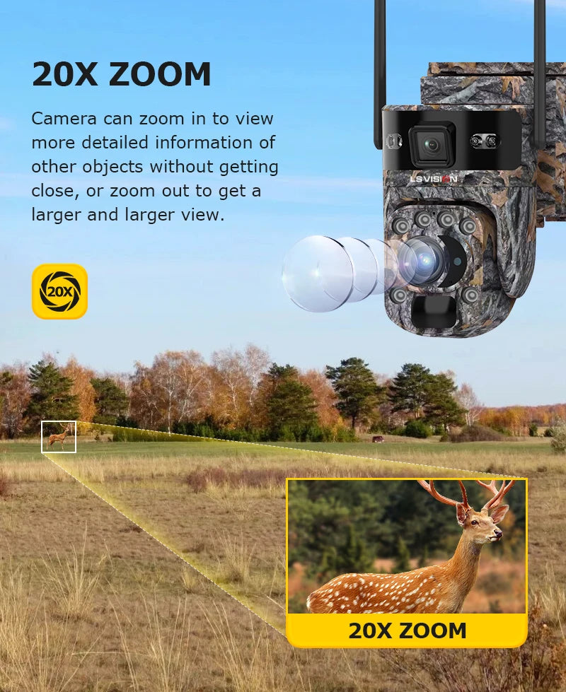 LS VISION 12MP 20X Optical Zoom 4G/ WiFi Solar Camera Outdoor Camouflage PTZ Cameras Surveillance CCTV Solar Hunting Camera Ubox