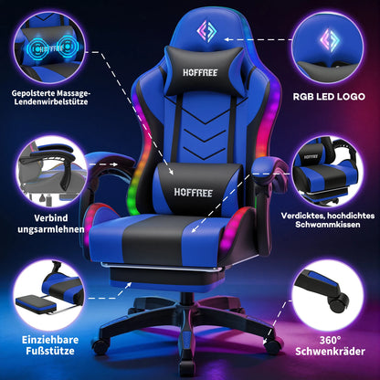 300lbs Gaming Chair with Music Rhythm RGB LED Lights and Wireless Speakers Ergonomic Massage Computer Gaming Chair with Footrest