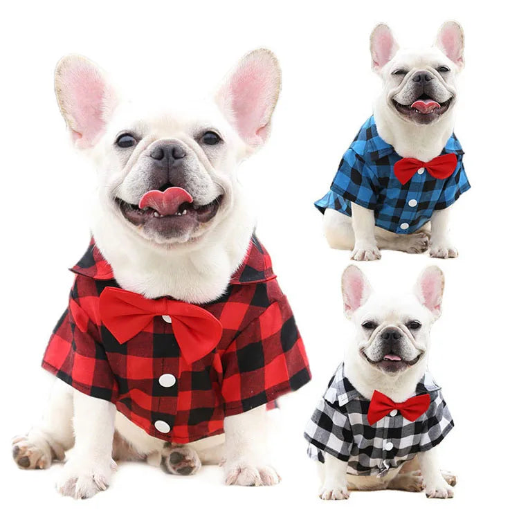 Pet Dog Clothes Plaid Shirt Suit Tie Gown Spring Summer Puppy Coat Teddy Bear Pomeranian Vest Small-Medium Dog Cat Pet Costume