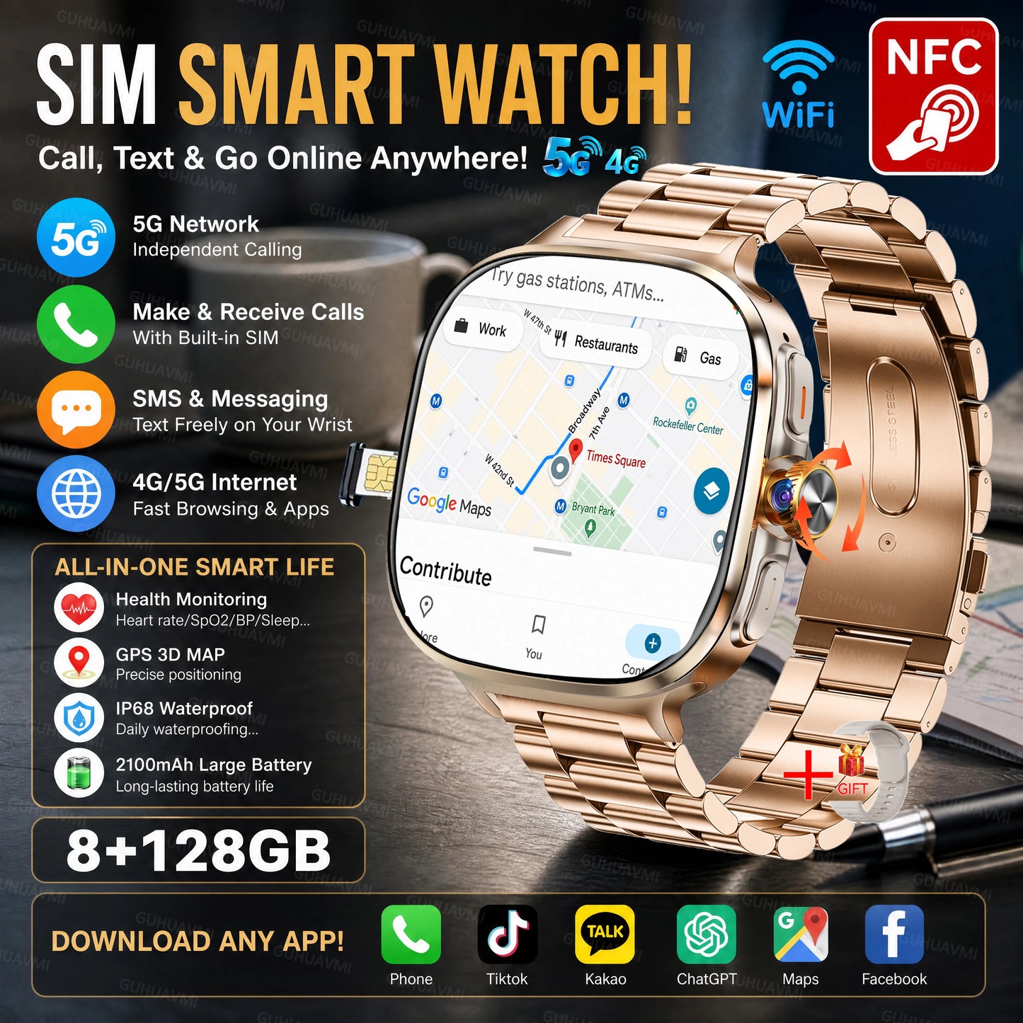 2026New 5G SIM Smart Watch 2.4" AMOLED 8+128GB GPS+NFC WIFI 1000W HD Camera IP68Waterproof Health Monitor Android Smartwatch Men