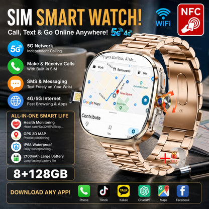 2026New 5G SIM Smart Watch 2.4" AMOLED 8+128GB GPS+NFC WIFI 1000W HD Camera IP68Waterproof Health Monitor Android Smartwatch Men