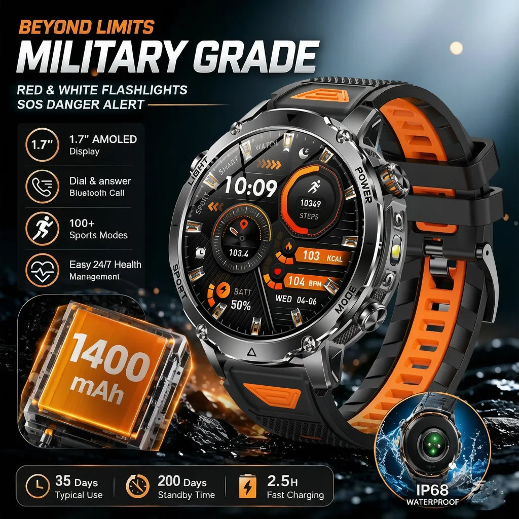 2026 1400mAh Big Battery Smart Watch Men Outdoor GPS Flashlight IP68 Waterproof Bluetooth Call AMOLED Military Sports Smartwatch