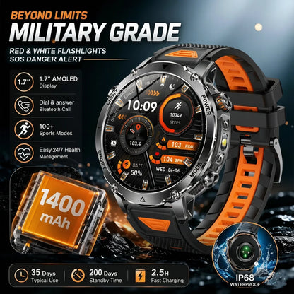 2026 1400mAh Big Battery Smart Watch Men Outdoor GPS Flashlight IP68 Waterproof Bluetooth Call AMOLED Military Sports Smartwatch