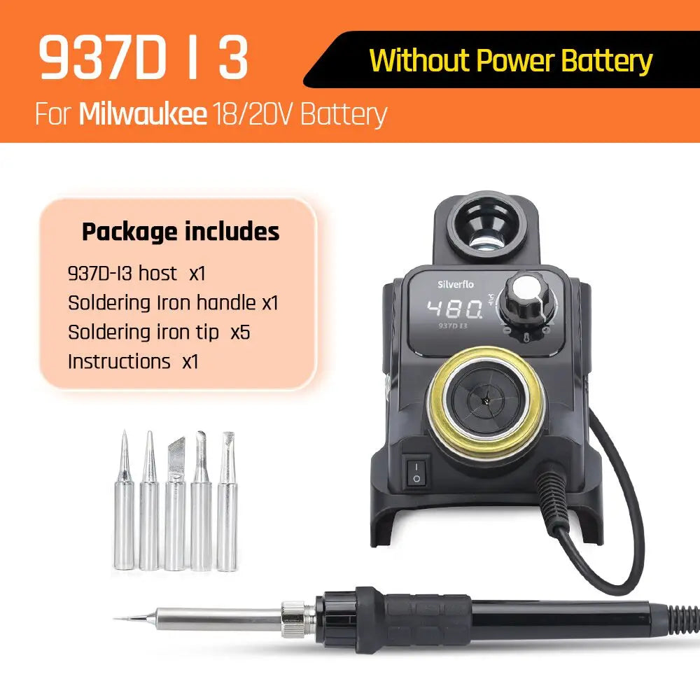 Silverflo 937DI Trådlös Löddstation – Portabel, 200–480°C, Kompatibel med DeWalt/Milwaukee/Makita 18–20V Batteri