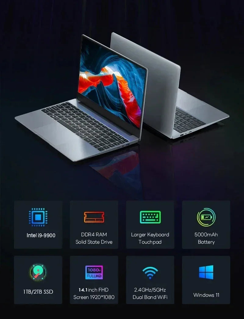 LenO 14,1" Ultratunn Gaming Laptop Intel Core i9-9900 16/32GB RAM Upp till 2TB SSD – Windows 11 Pro Kontor Studier Metallram