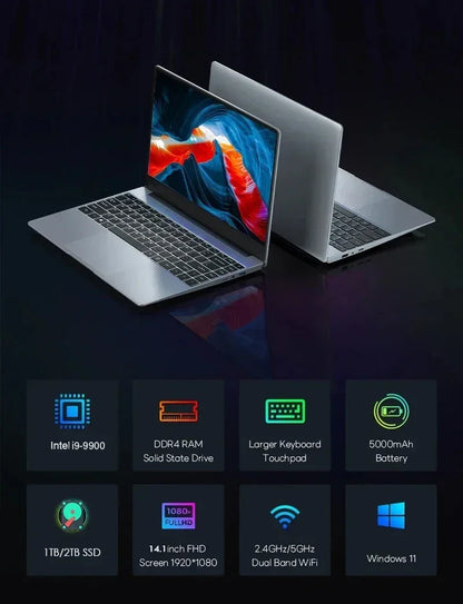 LenO 14,1" Ultratunn Gaming Laptop Intel Core i9-9900 16/32GB RAM Upp till 2TB SSD – Windows 11 Pro Kontor Studier Metallram