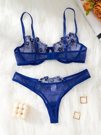 Women's Royal Blue Floral Embroidery Lingerie Set Half Cup Push Up Bra And Thong Sheer Mesh Lace Comfortable SexyUnderw ZA824026