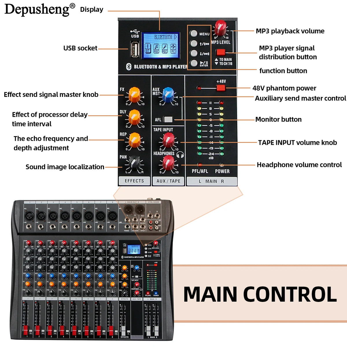 Depusheng DX8 8-kanals ljudmixer med Bluetooth och DSP-effekter
