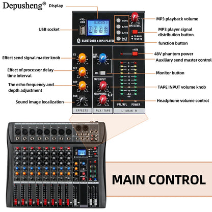 Depusheng DX8 8-kanals ljudmixer med Bluetooth och DSP-effekter