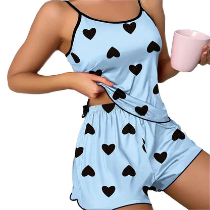 Pyjamasset dam med hjärttryck – överdel och shorts, M–XL
