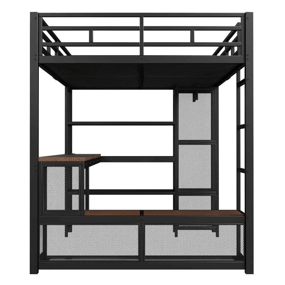 140x200cm Metal High Bed with Storage and Open Wardrobe, Kids Bedroom Bed with USB Connector and LED Lighting, Black/white