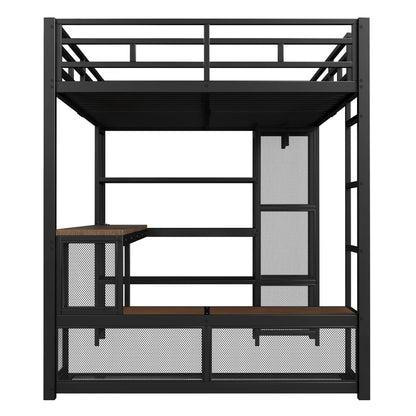 140x200cm Metal High Bed with Storage and Open Wardrobe, Kids Bedroom Bed with USB Connector and LED Lighting, Black/white
