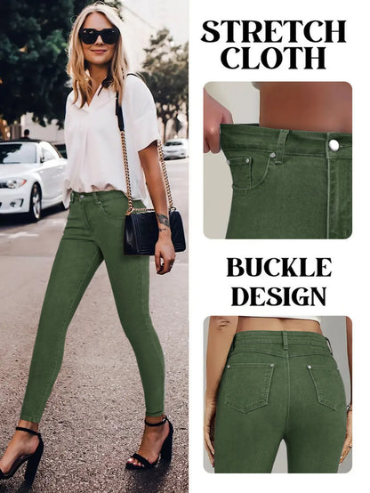 Women Pencil Pants Jeans Skinny Trousers High Waist Stretch Pockets Vintage Washed Female Streetwear Slim Full Length Denims