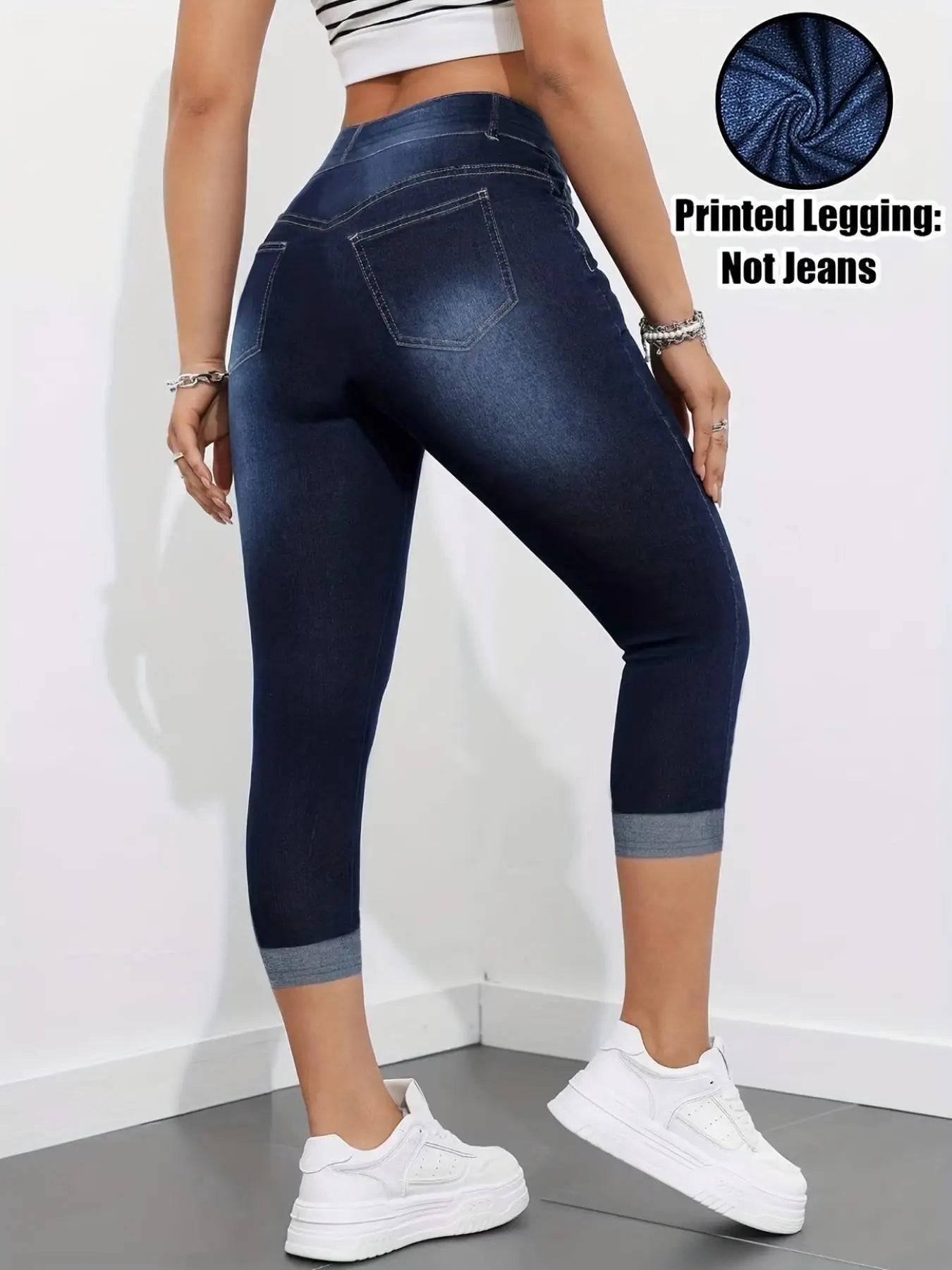 Non-Denim Women's Imitation Denim Printed Capri Leggings, Soft Breathable Slim Fit 7/8 Pants, Casual Sports Yoga Beach Vacation