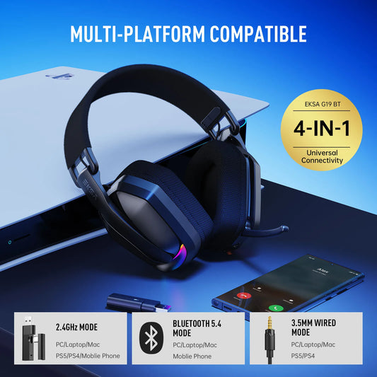 EKSA G19BT Trådlöst Gaming Headset – 4-i-1 Bluetooth 5.4 2.4GHz 30ms 35h RGB 40mm ANC-Mikrofon 169g CE/FCC/RoHS PS5 PC Svart