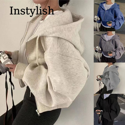 Zippered Long Sleeved Hooded Sweatshirt Loose Casual Simple Trendy Versatile Solid Color Fashionable Lazy Jacket Wholesale