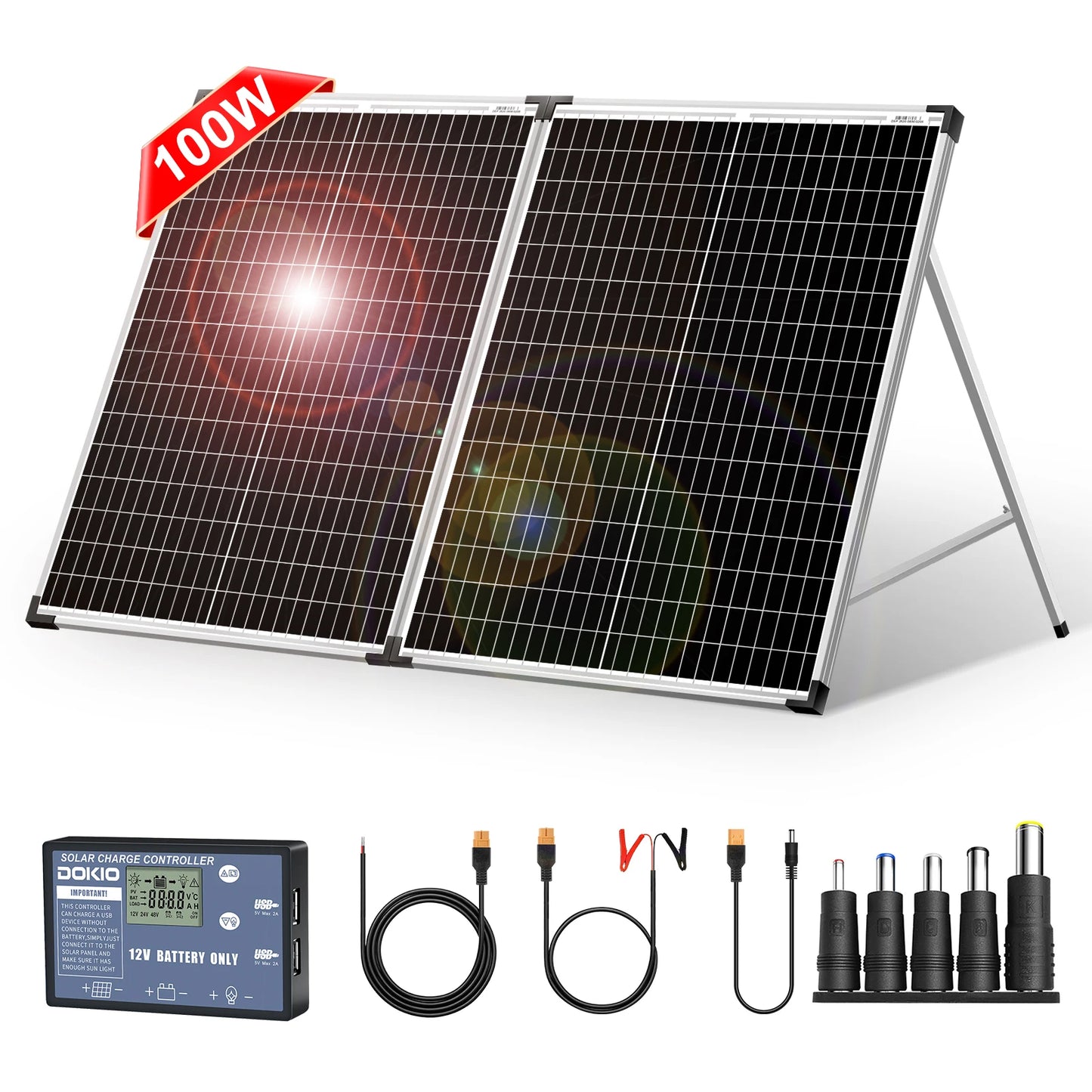 DOKIO Vikbar Solpanel 100W/160W/200W – Monokristallin Portabel Resväska med PWM-regulator, EU-lager