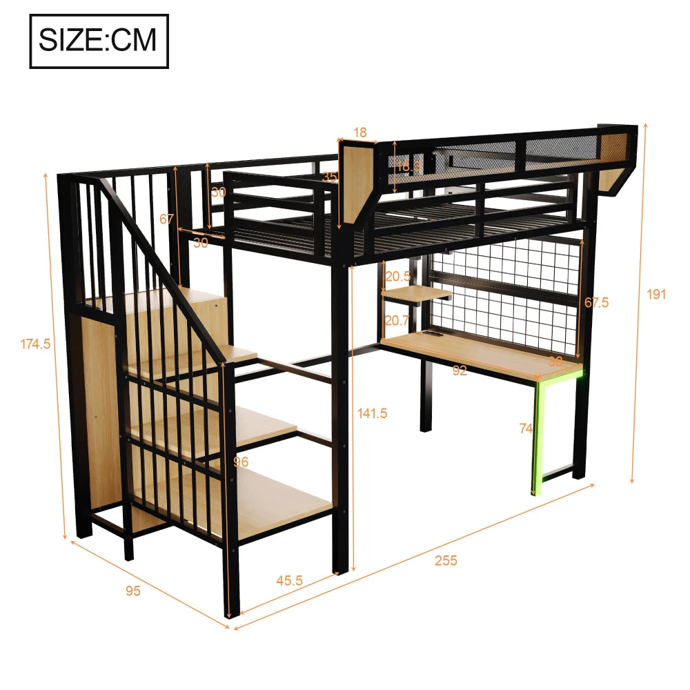 90×200cm & 140*200cm Metal High Bed, with Desk, Shelf and Storage Net, Complete with Safety Ladder, LED Lighting and Socket