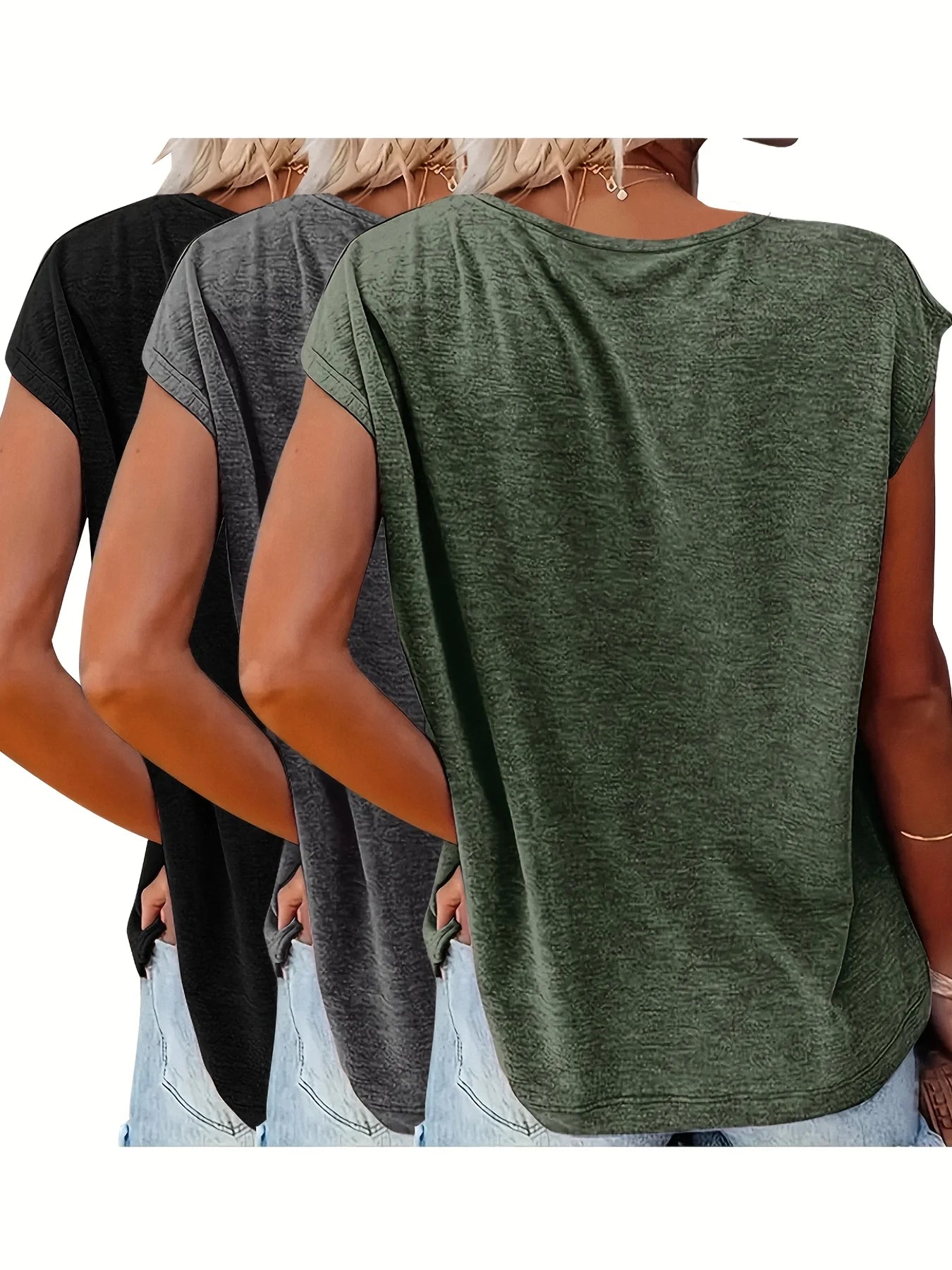 3-Pack of Solid Color V-Neck Cap-Sleeve Tops, Casual Short-Sleeve Tops for Summer and Spring, Women's Clothing