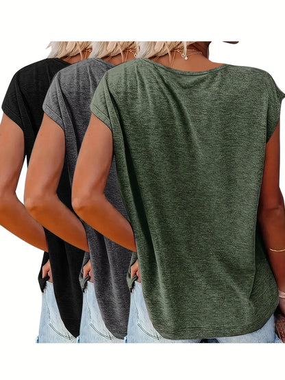 3-Pack of Solid Color V-Neck Cap-Sleeve Tops, Casual Short-Sleeve Tops for Summer and Spring, Women's Clothing