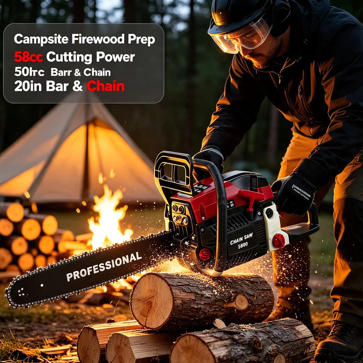 2-Stroke Gas Chainsaw 20 Inch Guide Bar 10000RPM  Dual Safety Switch Low Fuel  Anti-Vibration Handle For Logging Garden Tree Cutting