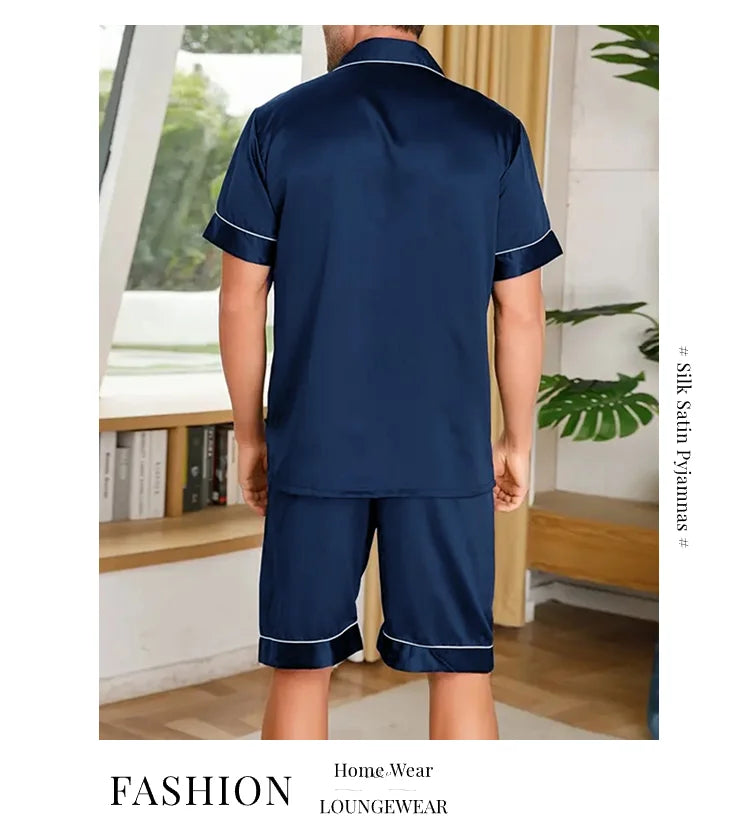 Pyjamasset herr med satinkänsla – kortärmad skjorta och shorts, S–XL