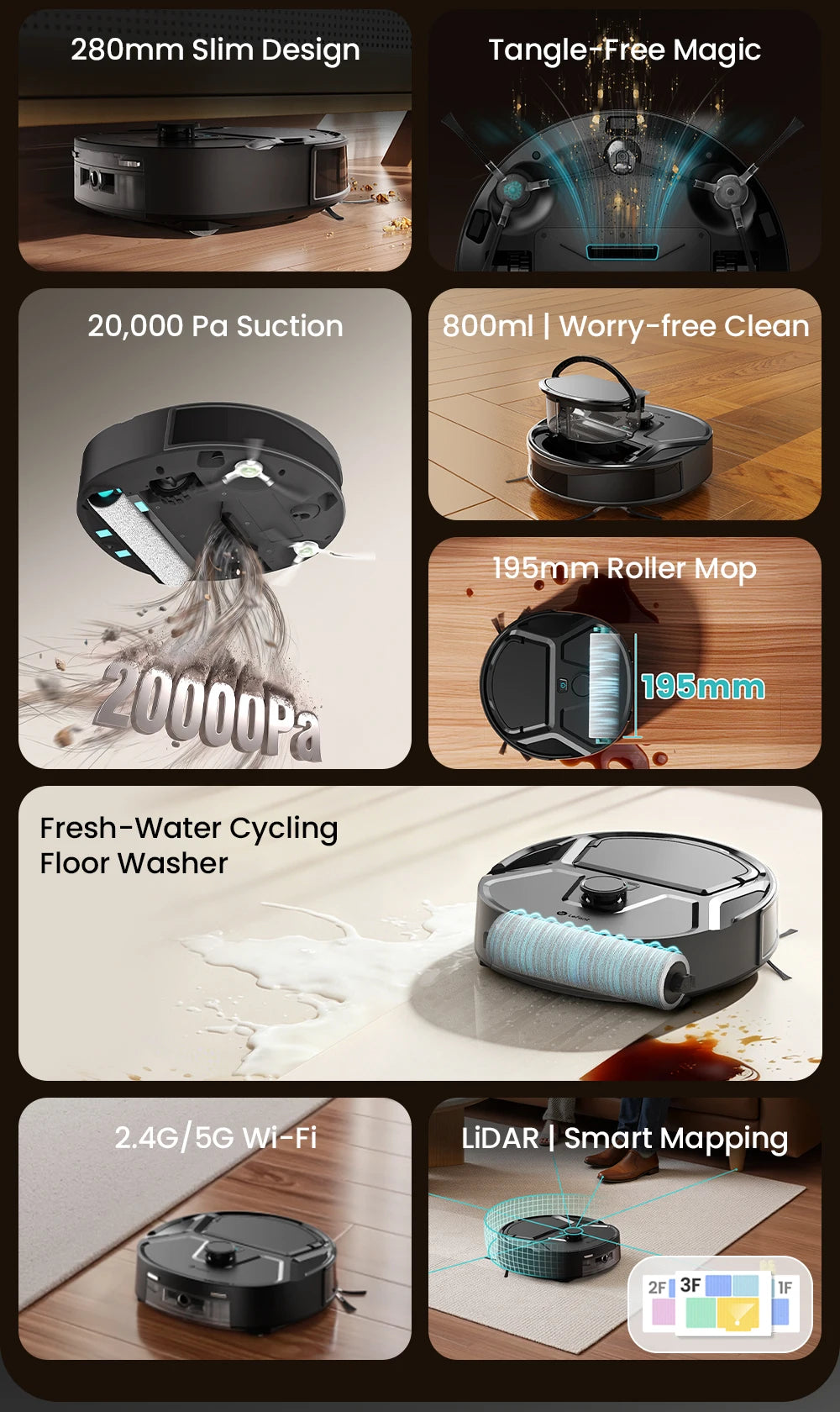 Lefant M265 Robot Vacuum Cleaner with Mapping, 20000Pa, Self-Cleaning Roller, Clean Water Wash, Laser dToF, Avoid PSD, Anti-Tangle, Compact, WiFi 2.4G/5G/Alexa/APP