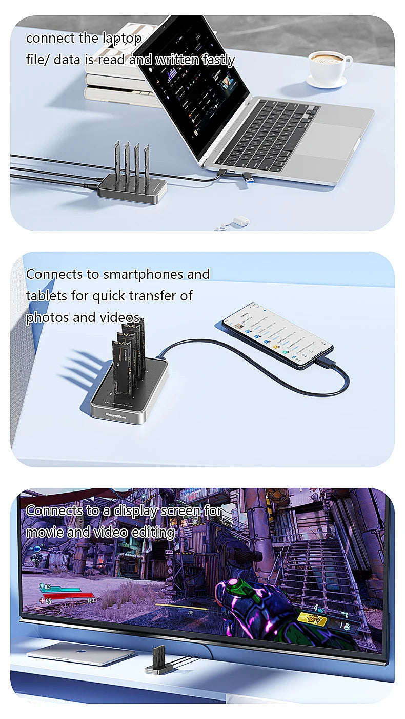 Blueendless 4 Bay M.2 NVMe/SATA SSD Docking Station Type C USB3.1 10Gbps M2 NVMe PCIe SATA NGFF Dual Protocol Aluminum SSD Case