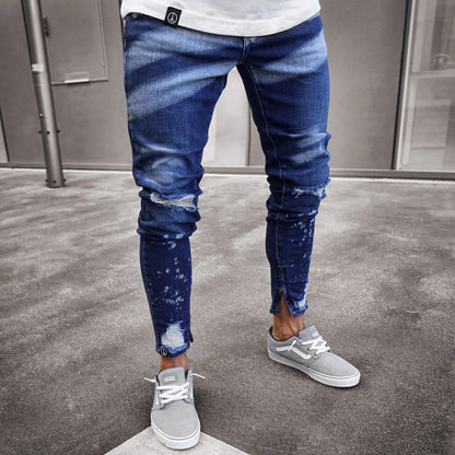 Men Denim Jeans Pencil Pant Vintage Slim Fit High Waist Frayed Hole Wash Trousers Y2k Streetwear Splice Work Casual 2026 Spring