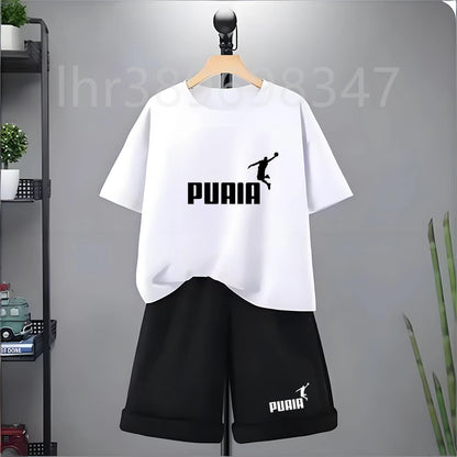 Summer Kids Print 2pcs Breathable Tees+Shorts Leisure Suits 3-12 Years Boys Girls Outfits Children Cool Black White Clothes