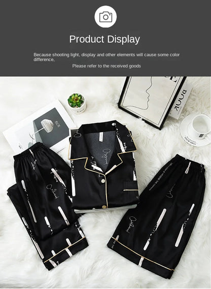 Fashion Summer Autumn 3 Piece Silk Men Pajamas Set Short Sleeve Shorts Oversize Homewear Lapel Collar Loungewear Pijamas for Man
