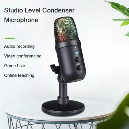 USB Gaming Microphone for PC Condenser Podcast Mic for Studio Recording Headphone Jack RGB Noise Cancellation with Mute Button
